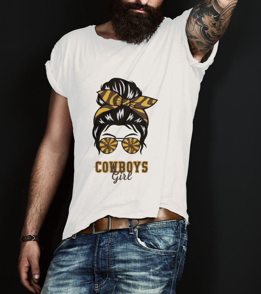 Wyoming Cowboys Girl Messy Bun Zebra Print Headband Glasses T-Shirt