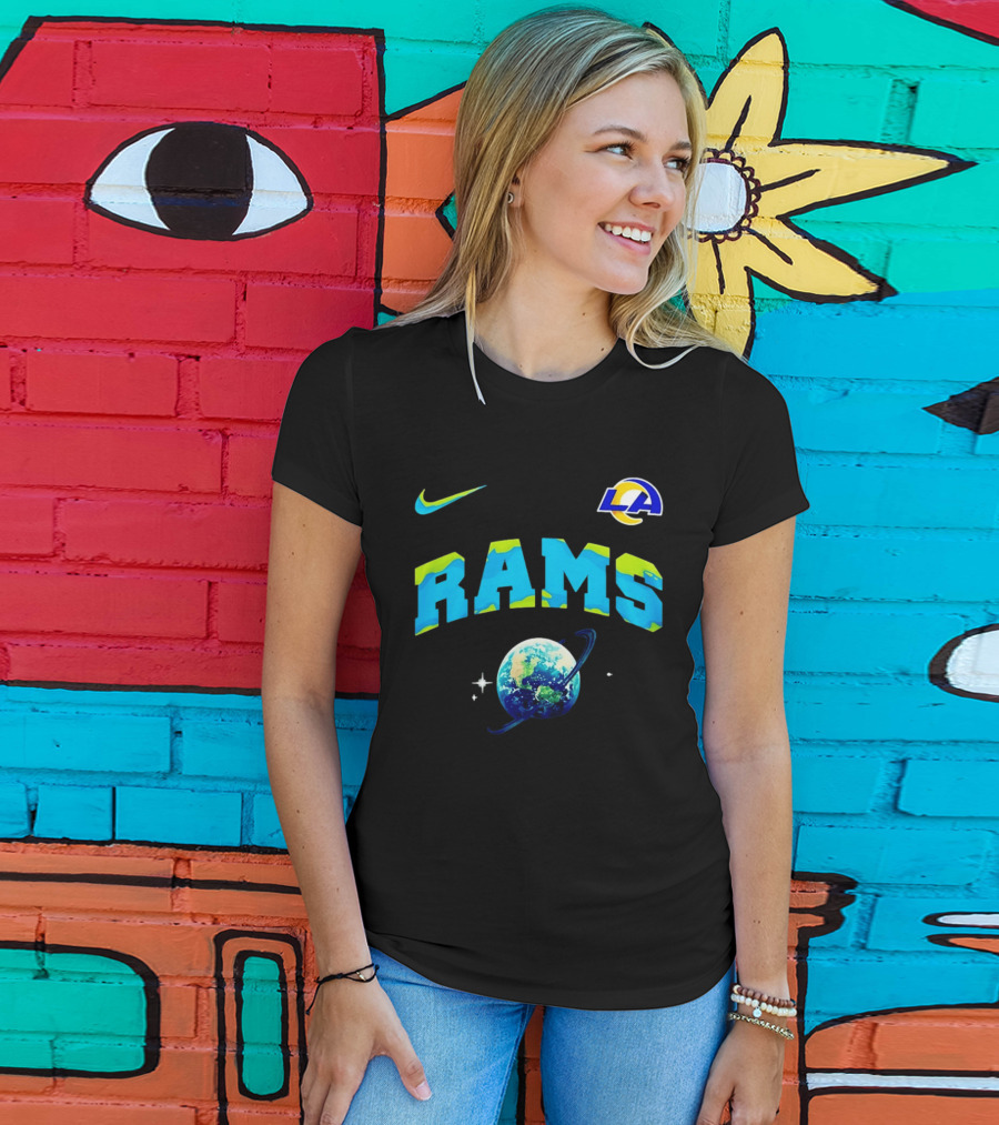 Los Angeles Rams Earth Day One Planet One Goal Nike Collaboration With LA Logo And Planet T-Shirt