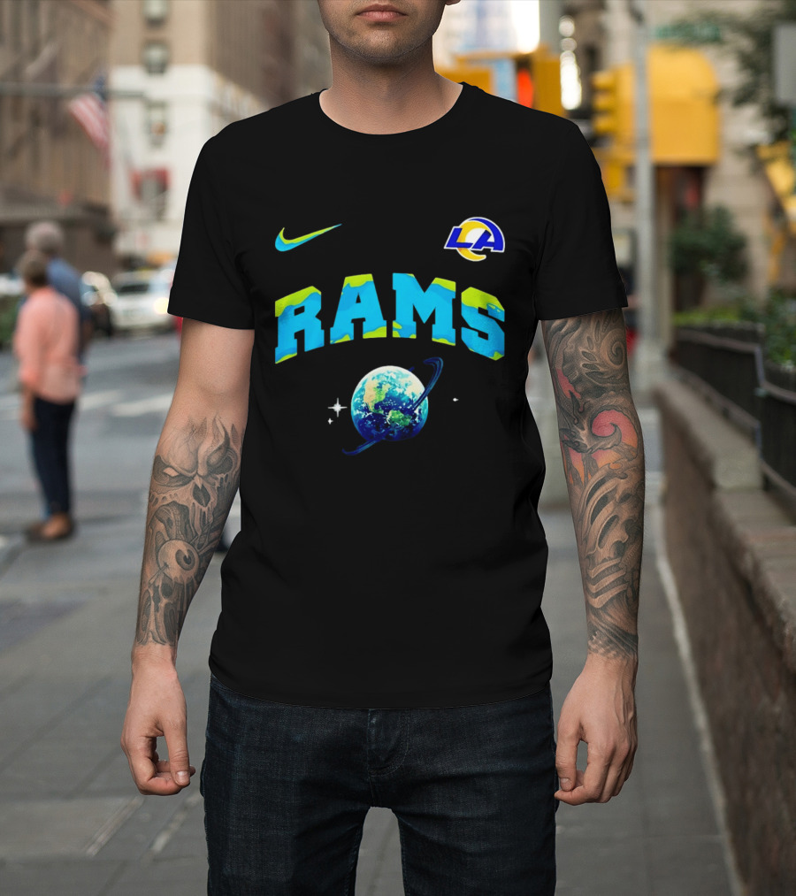 Los Angeles Rams Earth Day One Planet One Goal Nike Collaboration With LA Logo And Planet T-Shirt