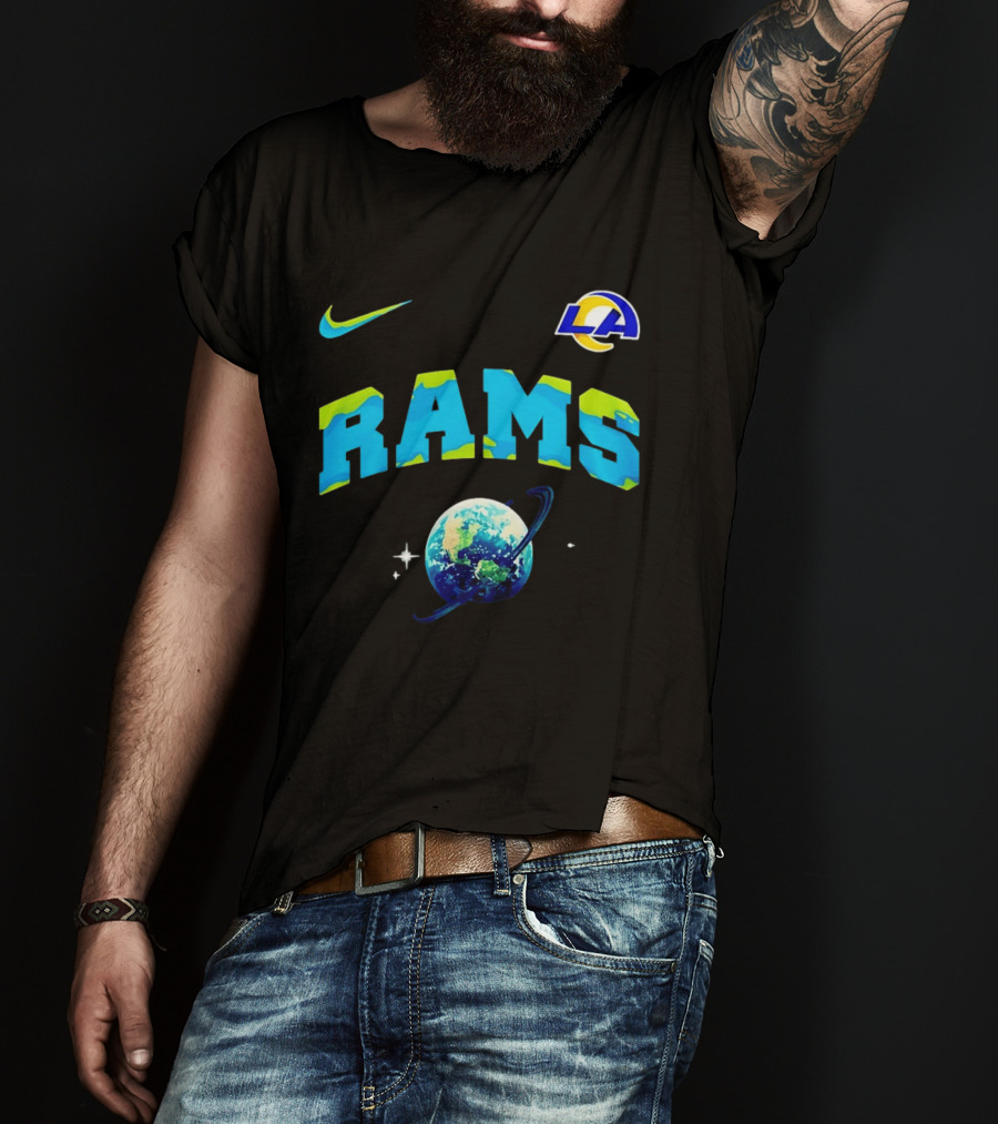 Los Angeles Rams Earth Day One Planet One Goal Nike Collaboration With LA Logo And Planet T-Shirt