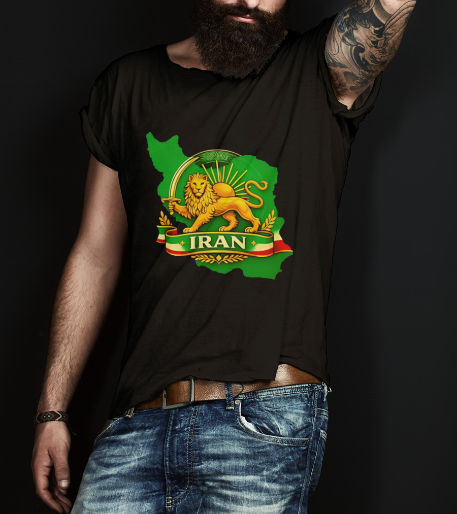 Iran Lion And Sun Emblem On Map Of Iran With National T-Shirt