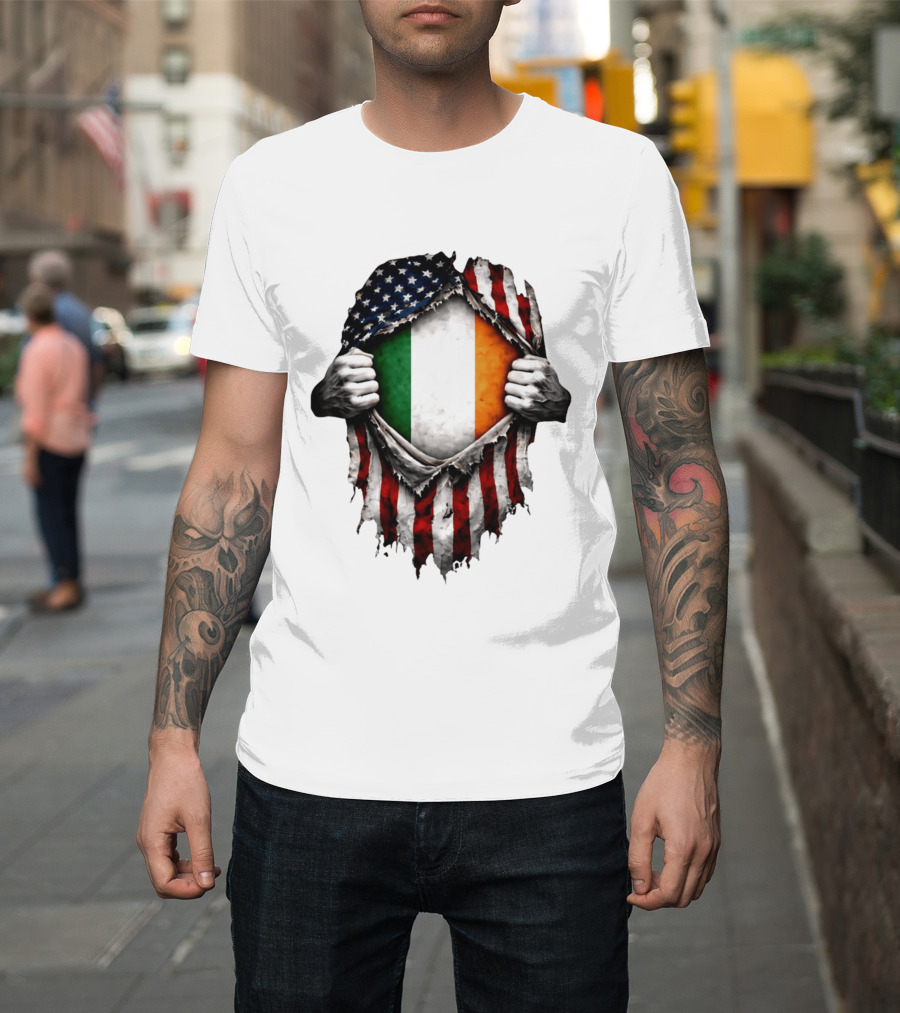 Irish Inside American Flag Tear With Ireland Flag T-Shirt