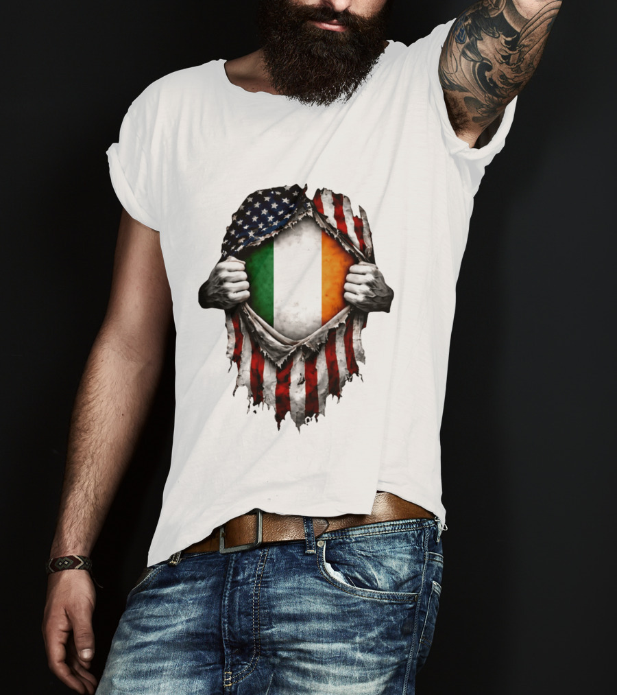 Irish Inside American Flag Tear With Ireland Flag T-Shirt