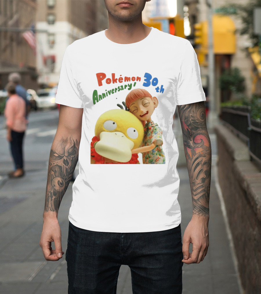 Pokémon 30th Anniversary Pokémon Concierge Psyduck Hugging Celebration T-Shirt