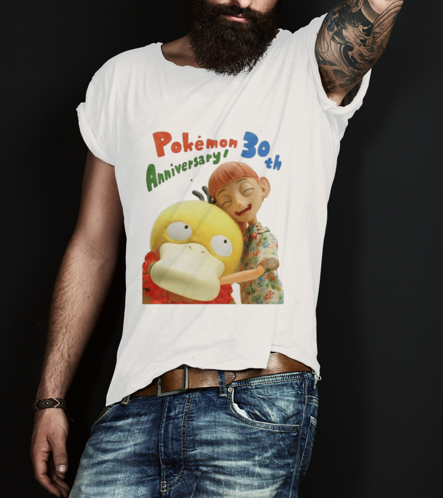 Pokémon 30th Anniversary Pokémon Concierge Psyduck Hugging Celebration T-Shirt