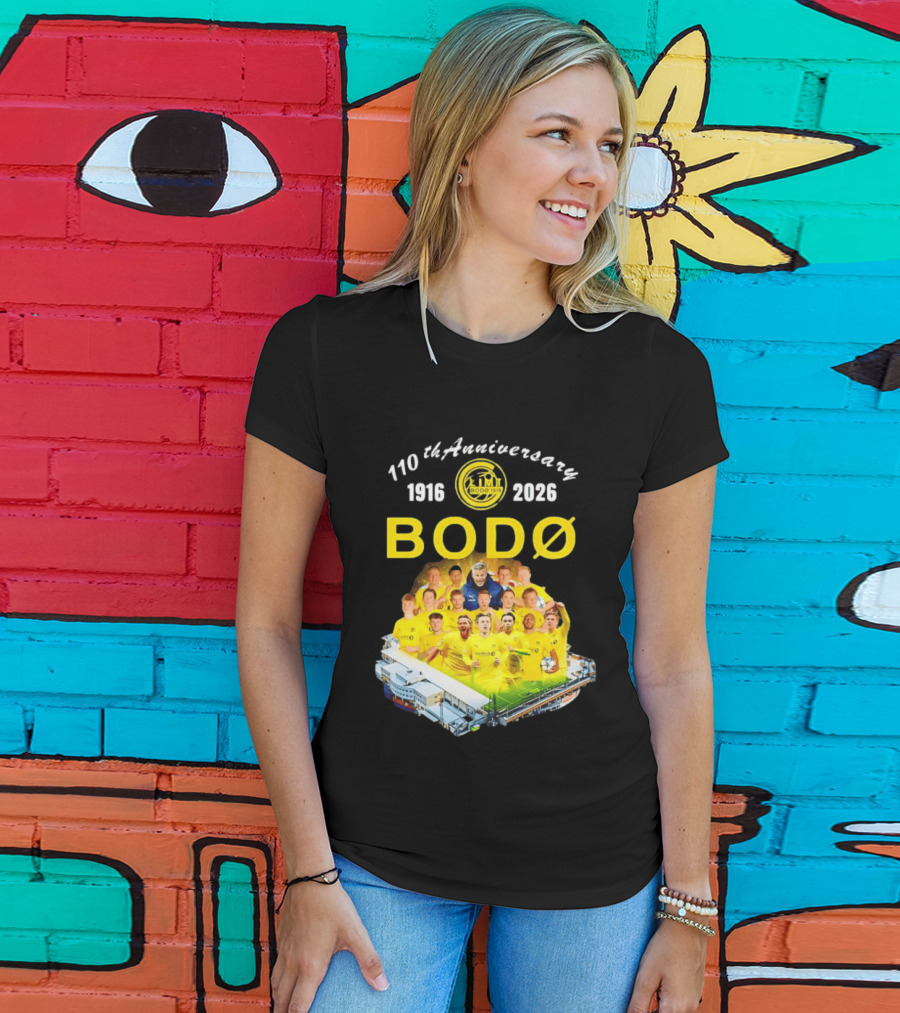 Bodø Glimt 110th Anniversary 1916 2026 Aspmyra Stadion Collage Featuring Players And Signatures T-Shirt