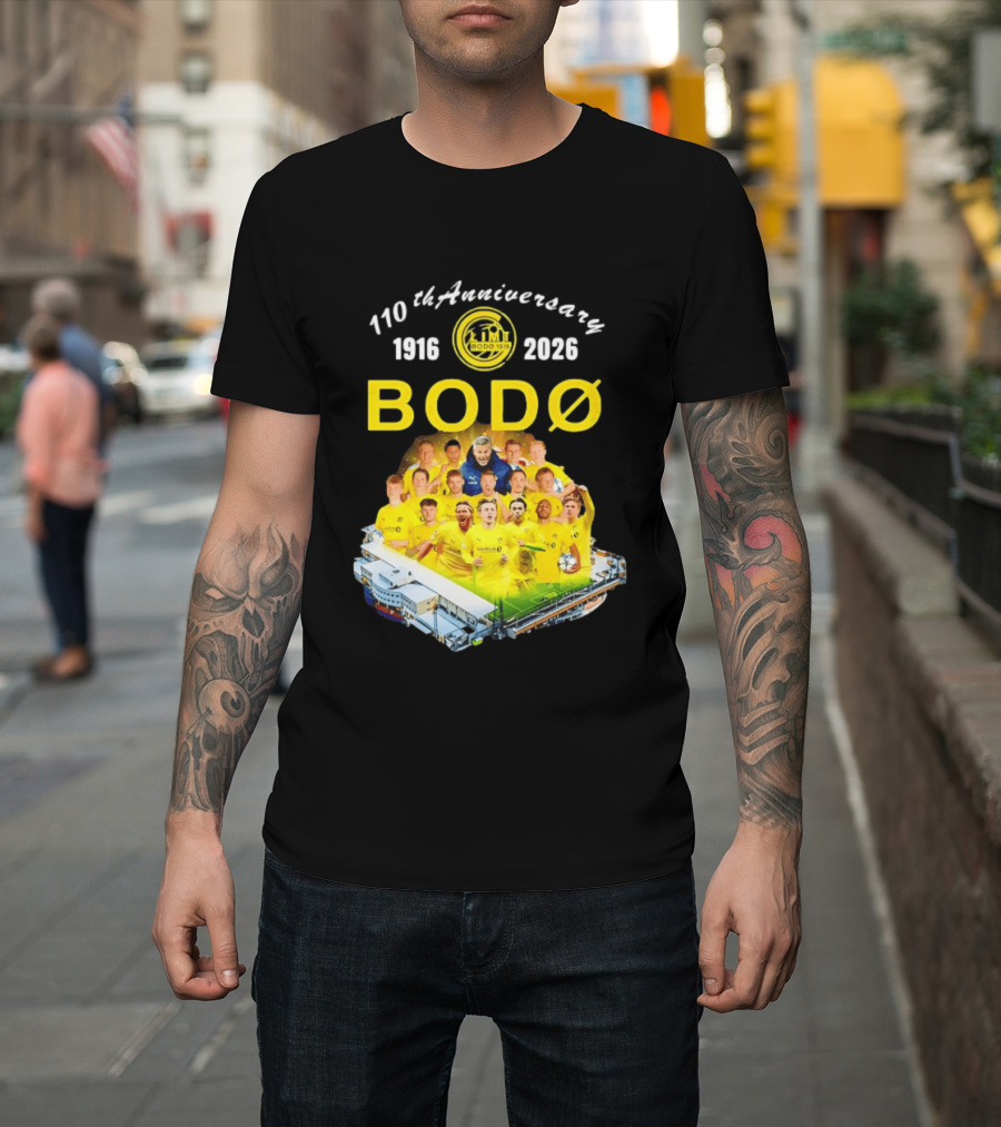Bodø Glimt 110th Anniversary 1916 2026 Aspmyra Stadion Collage Featuring Players And Signatures T-Shirt