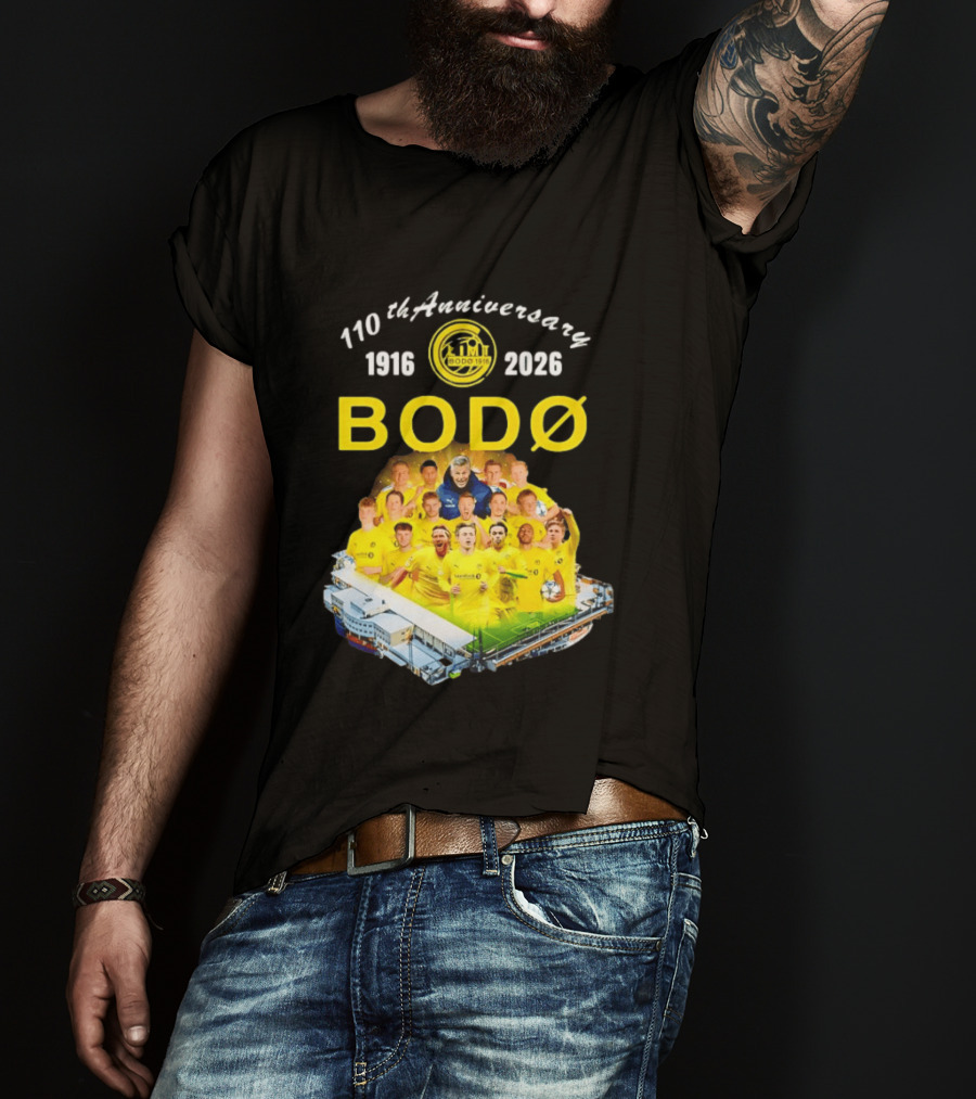 Bodø Glimt 110th Anniversary 1916 2026 Aspmyra Stadion Collage Featuring Players And Signatures T-Shirt