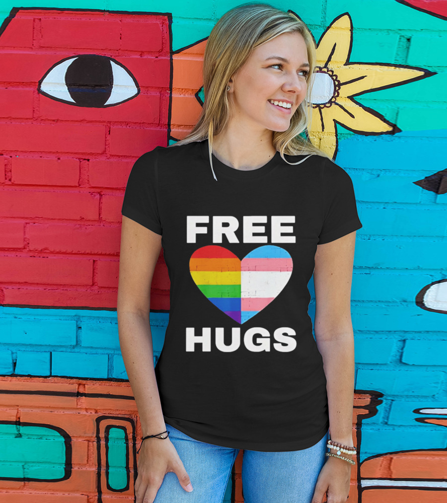 Free Hugs LGBTQ Rainbow Heart Pride T-Shirt