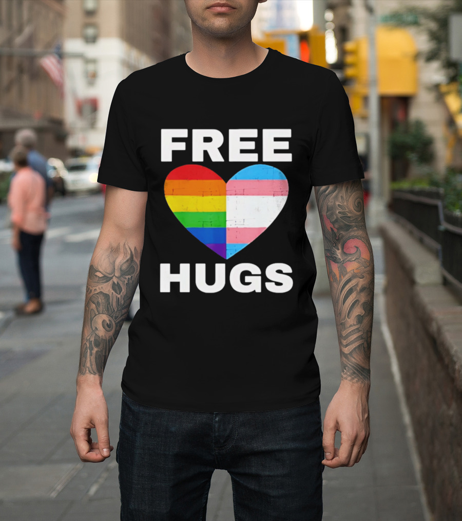 Free Hugs LGBTQ Rainbow Heart Pride T-Shirt