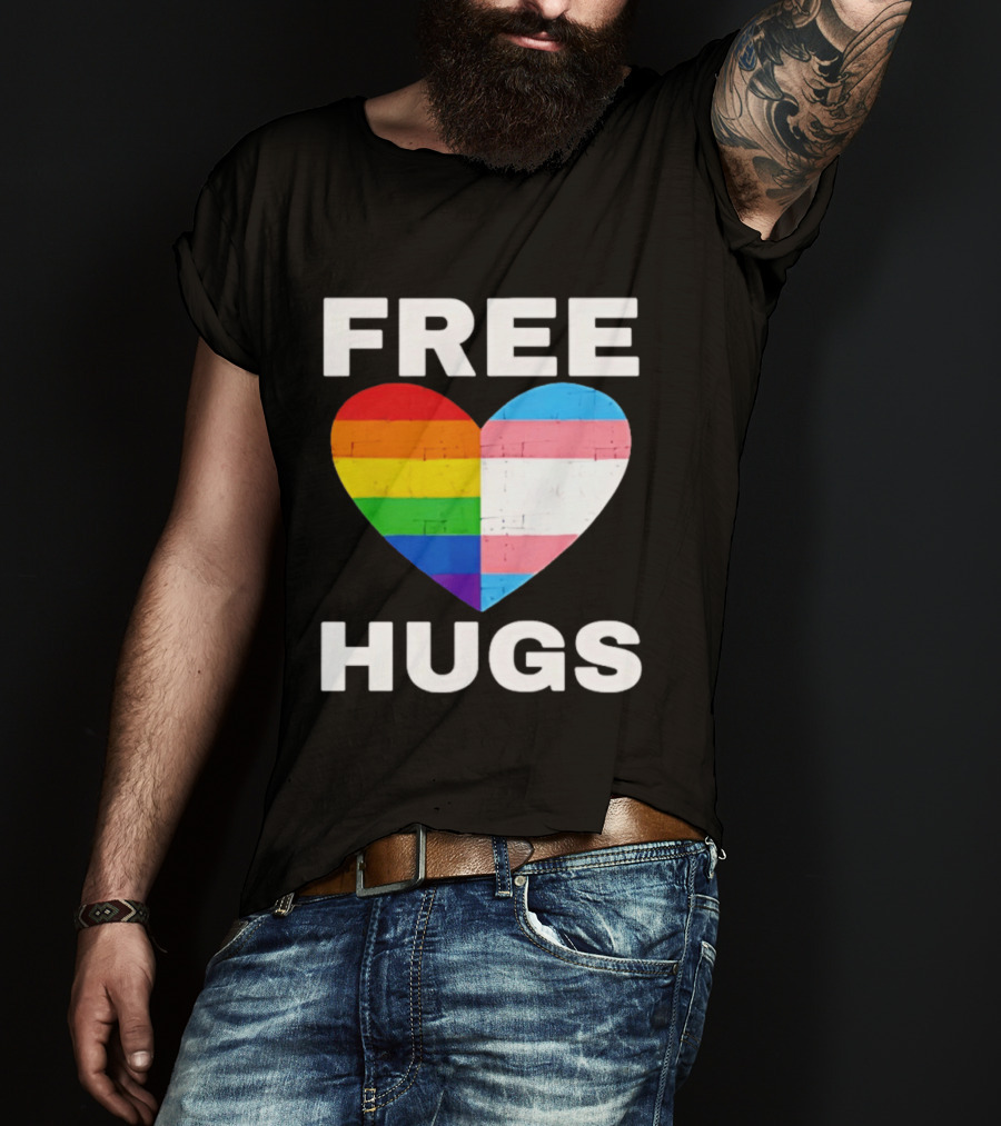 Free Hugs LGBTQ Rainbow Heart Pride T-Shirt