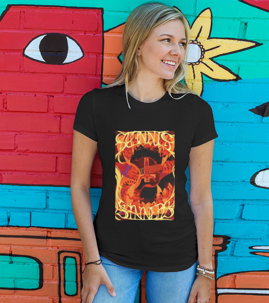 Sinners Pecadores Upside Down Guitar Person T-Shirt