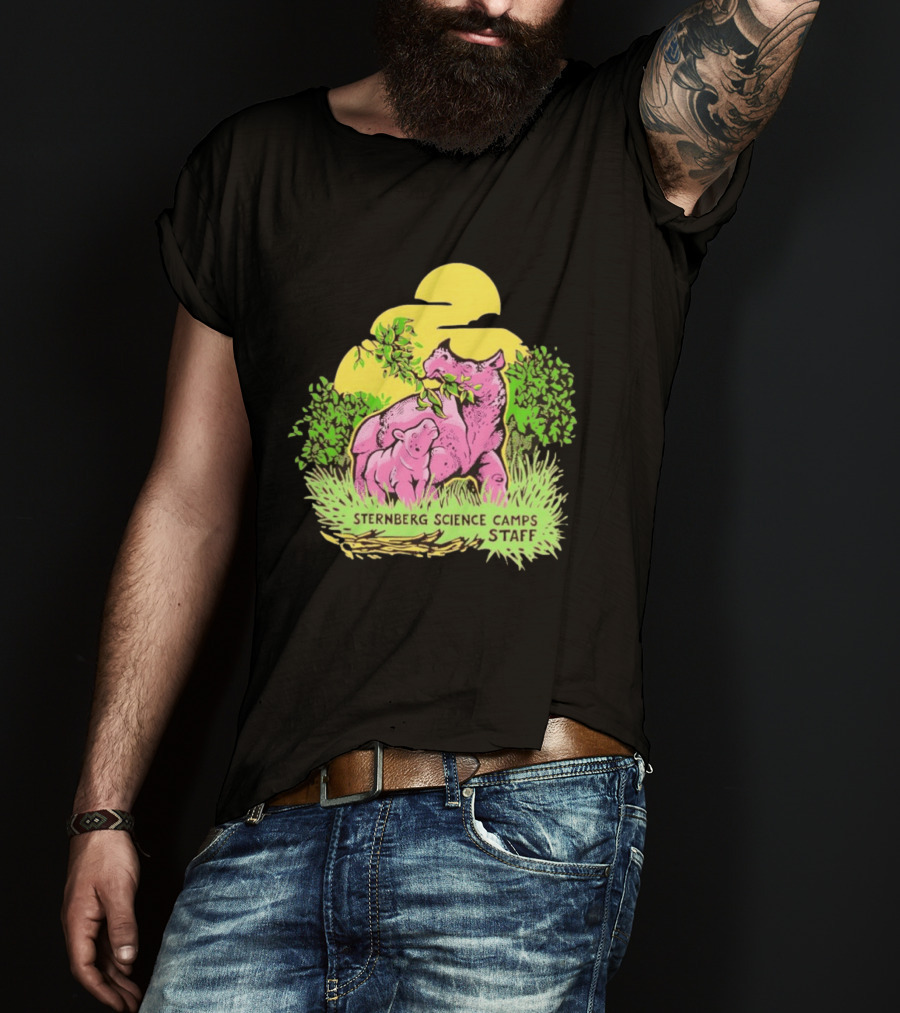 Sternberg Science Camps Staff Pink Dinosaurs Under Yellow Sun T-Shirt