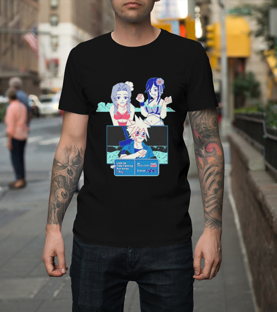 Cloud Strife Panic Aerith Tifa Final Fantasy VII Battle Scene Pixel T-Shirt