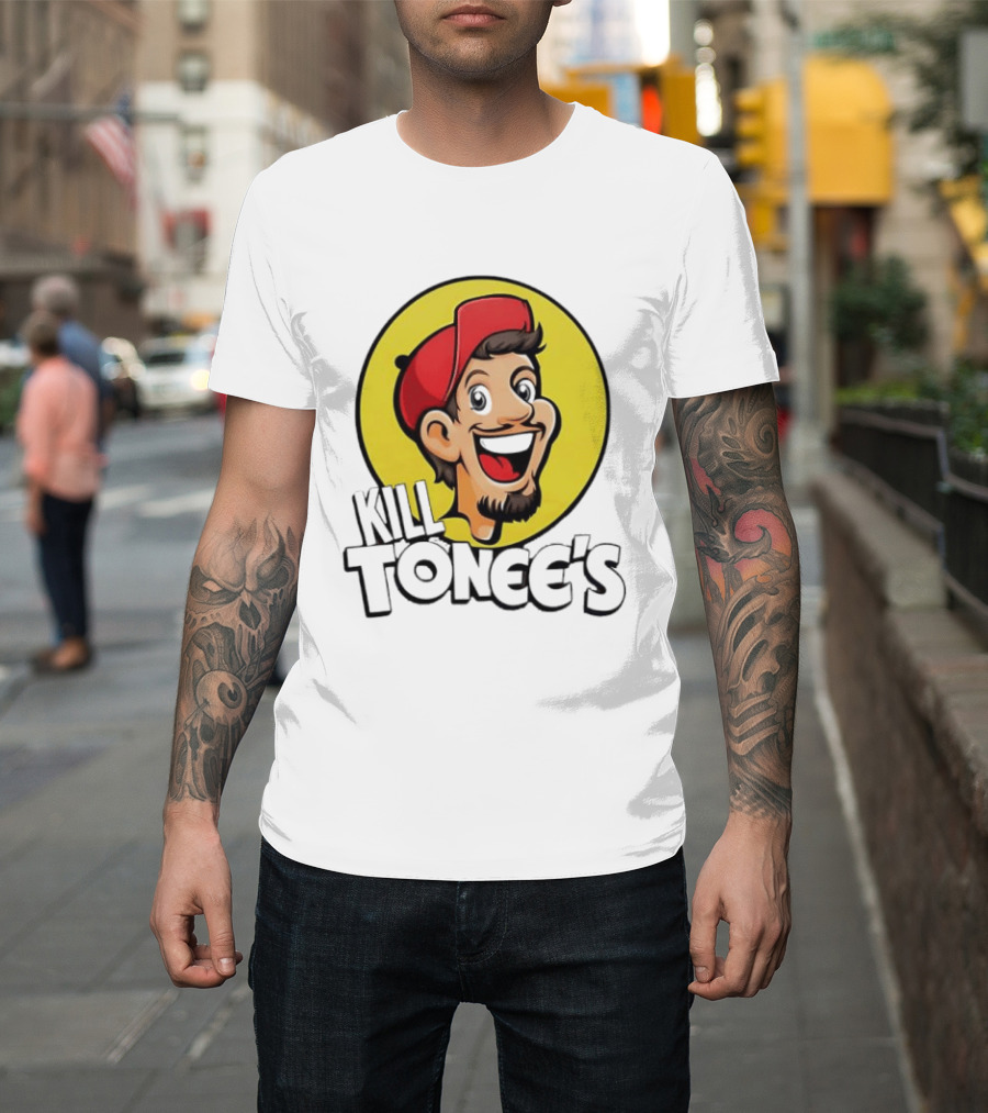 Kill Tonee's Cartoon Character In Red Cap And Yellow Circle T-Shirt