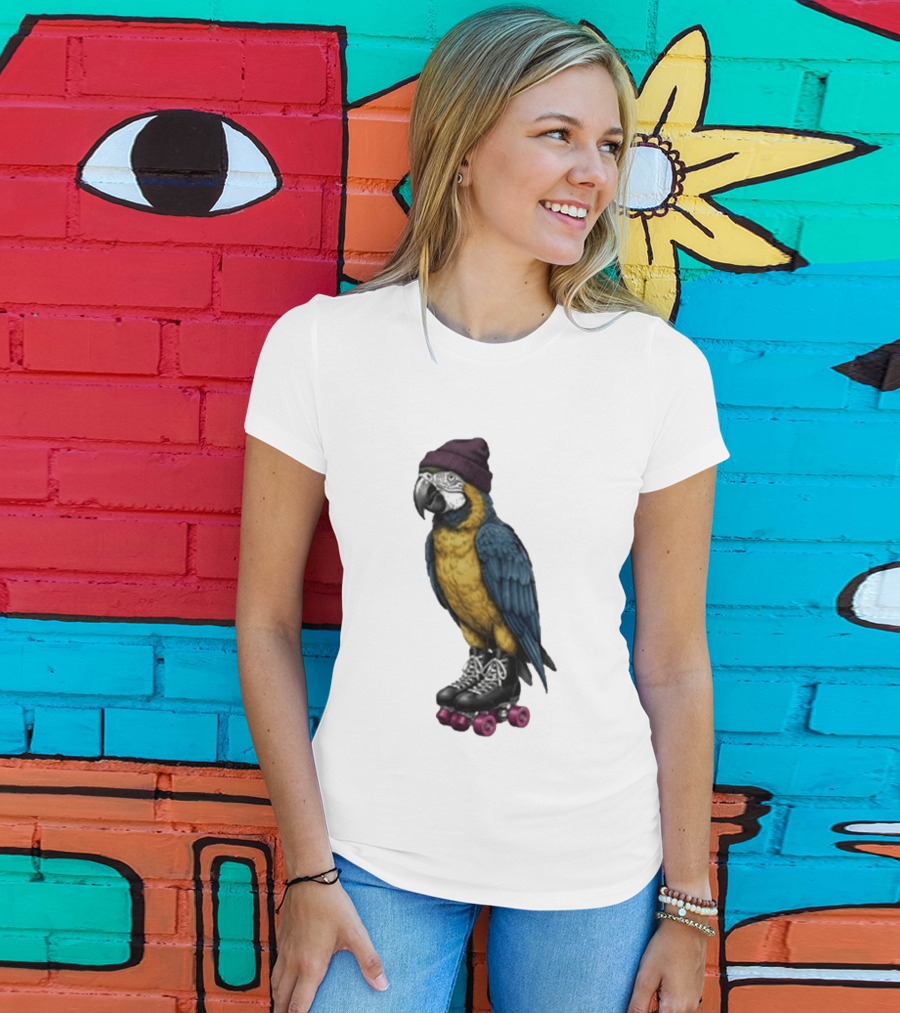 Nice Roller Skating Parrot With Hat And Colorful Feathers T-Shirt
