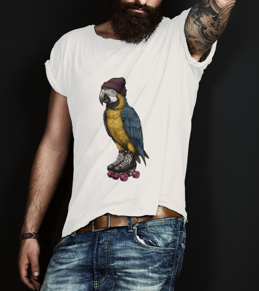 Nice Roller Skating Parrot With Hat And Colorful Feathers T-Shirt