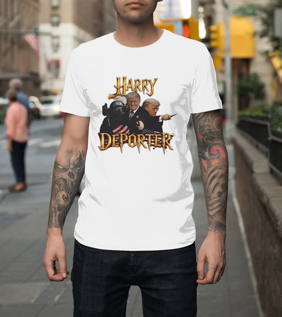 Harry Deporter Trump Magic ICE Badge Wand American Flag T-Shirt