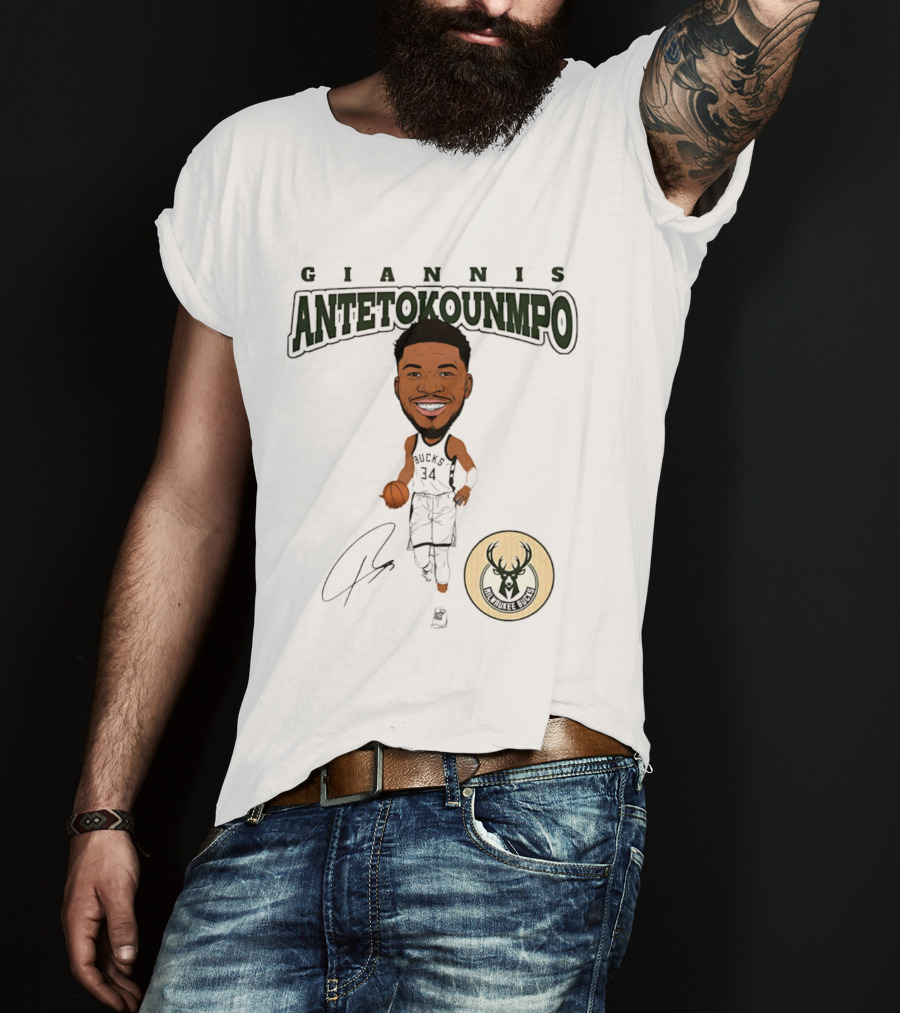 Giannis Antetokounmpo Milwaukee Bucks Hardwood Comic Caricature Basketball Signature 34 T-Shirt