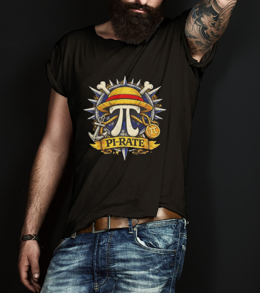 One Piece Pirate Straw Hat Pi Symbol Nautical Anchor Crossbones Medallion T-Shirt