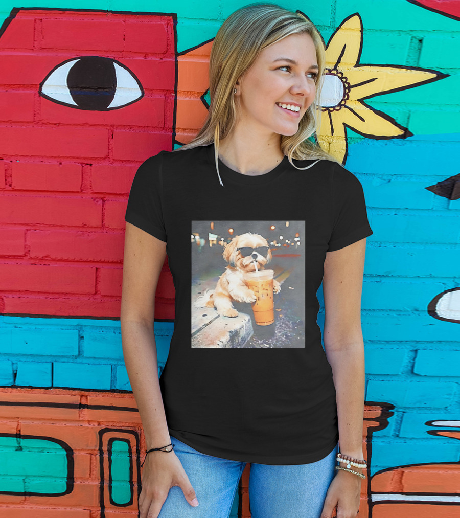 Shih Tzu Enjoying Iced Coffee At Night With Sunglasses T-Shirt
