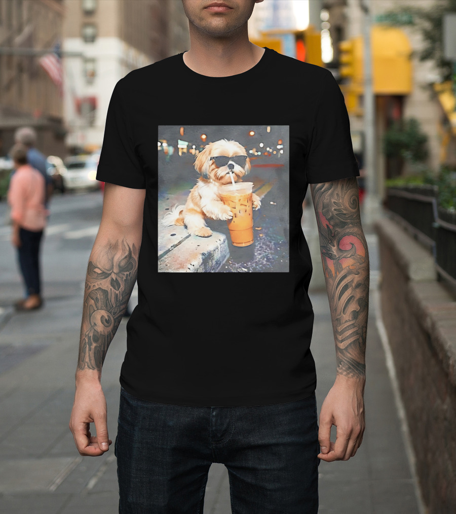 Shih Tzu Enjoying Iced Coffee at Night with Sunglasses T-Shirt