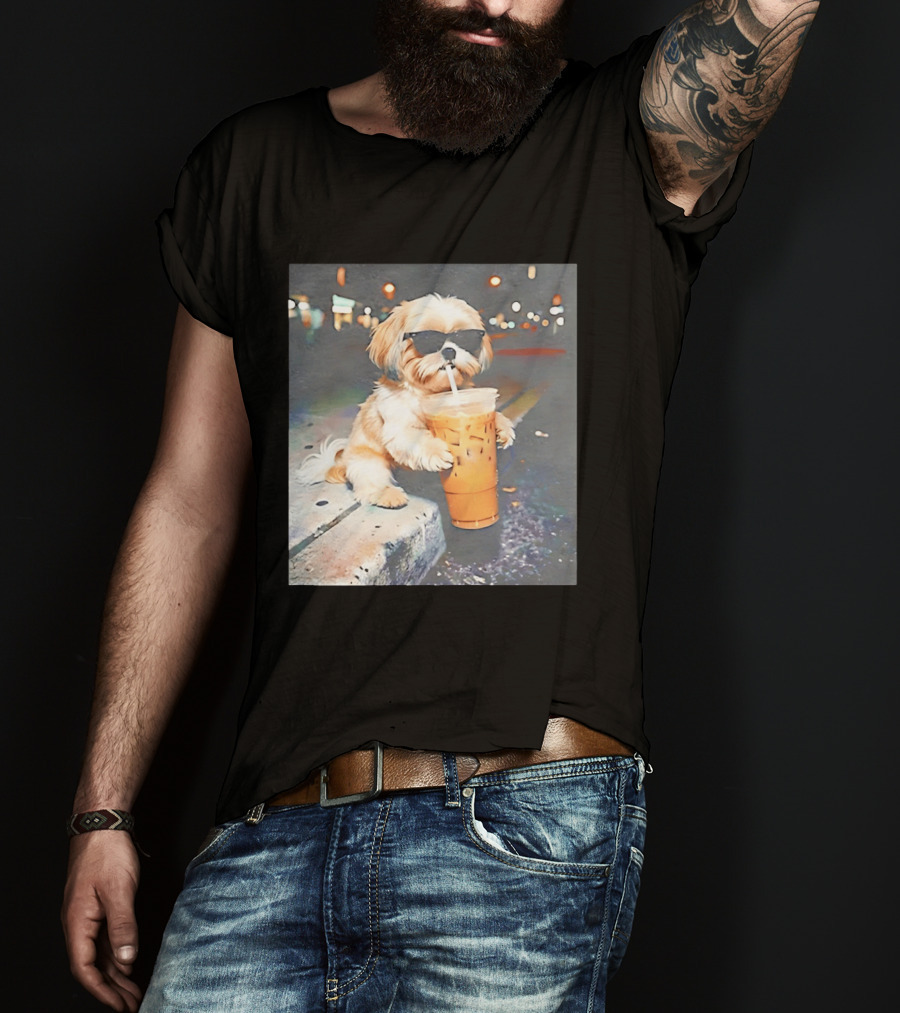 Shih Tzu Enjoying Iced Coffee At Night With Sunglasses T-Shirt