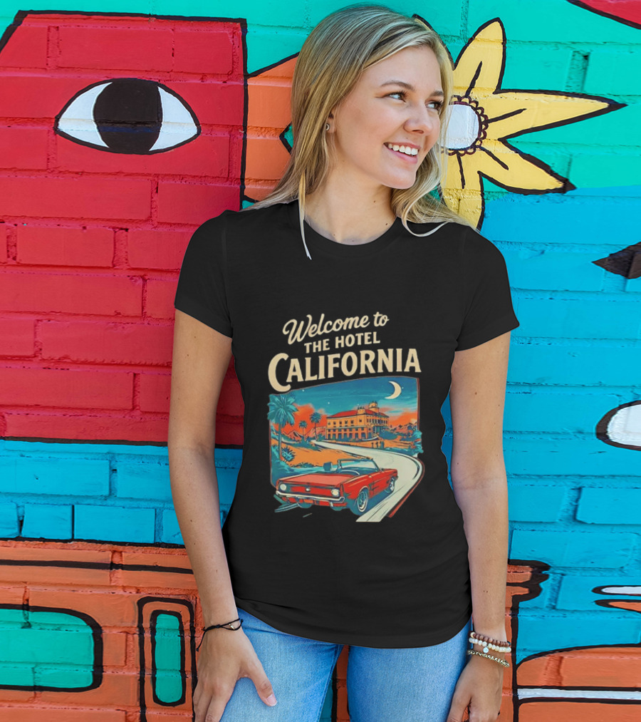Welcome To The Hotel California Red Convertible Vintage Palm Trees Moonlit Scene T-Shirt