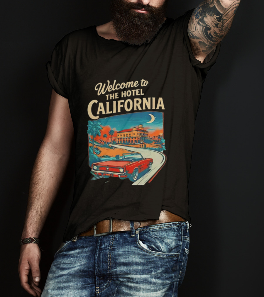 Welcome To The Hotel California Red Convertible Vintage Palm Trees Moonlit Scene T-Shirt