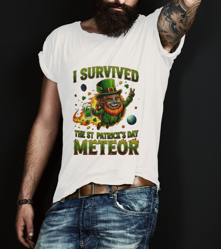 I Survived The St. Patrick's Day Meteor Leprechaun 2026 Green Beer Cheers And Peace T-Shirt