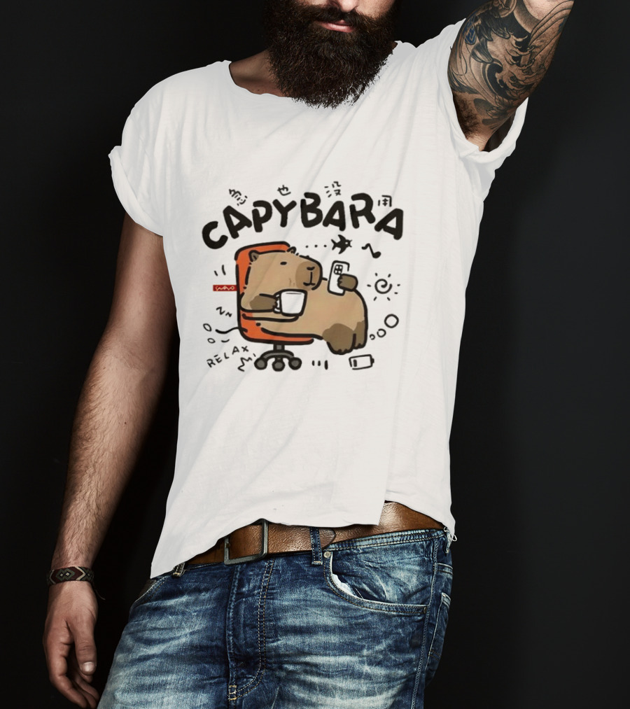 Capybara Relaxing On Office Chair With Coffee And Phone T-Shirt