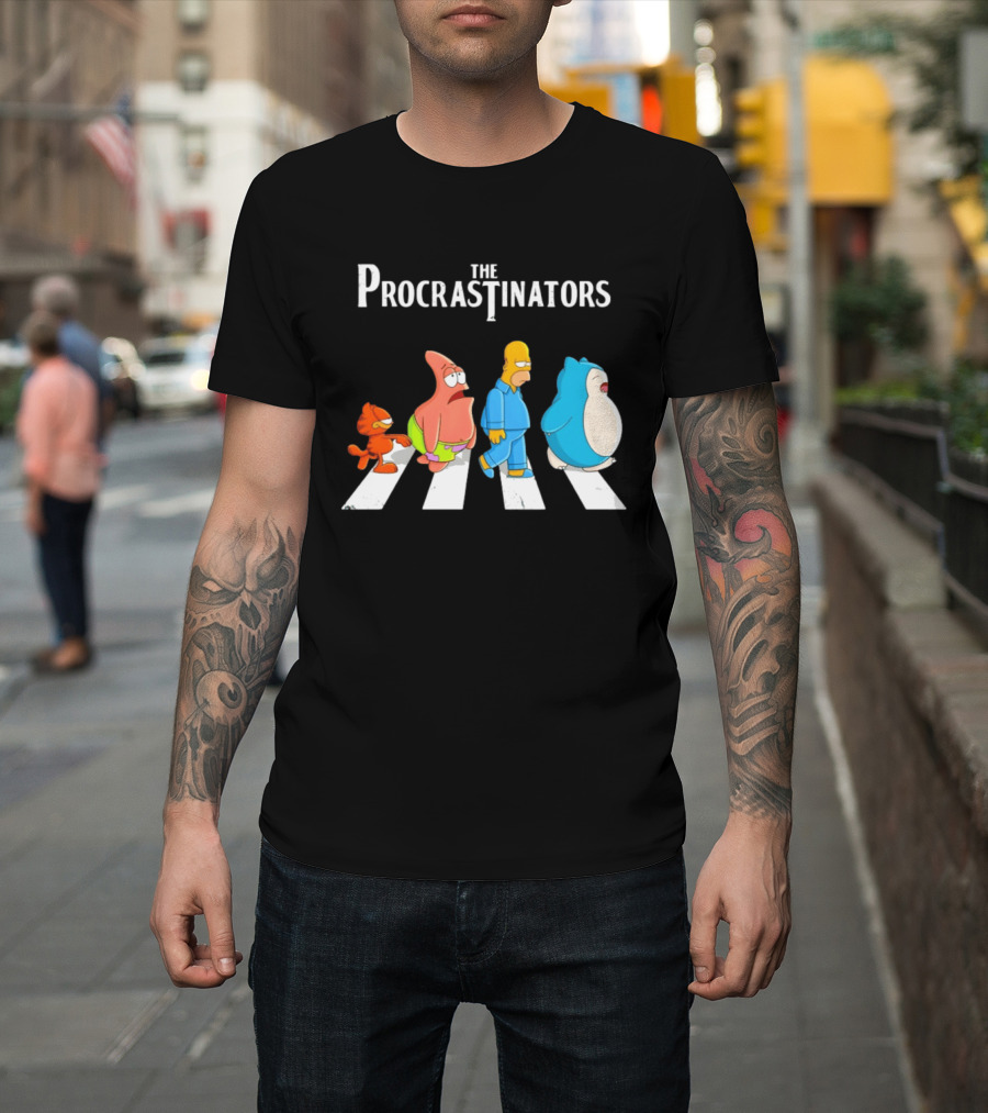 The Procrastinators Cartoon Abbey Road Parody With Iconic Characters Crossing T-Shirt