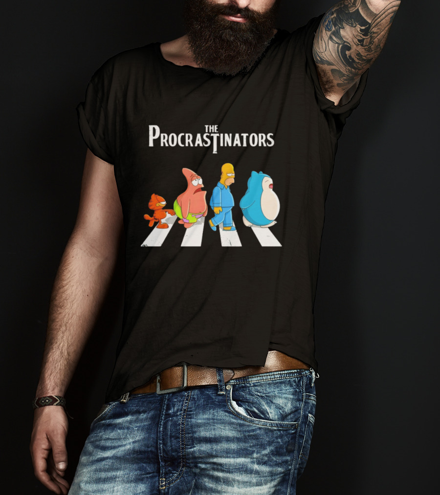 The Procrastinators Cartoon Abbey Road Parody With Iconic Characters Crossing T-Shirt