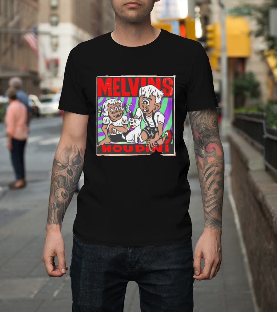 Melvins Houdini Album Cover Art With Two Cartoon Characters And Cat T-Shirt