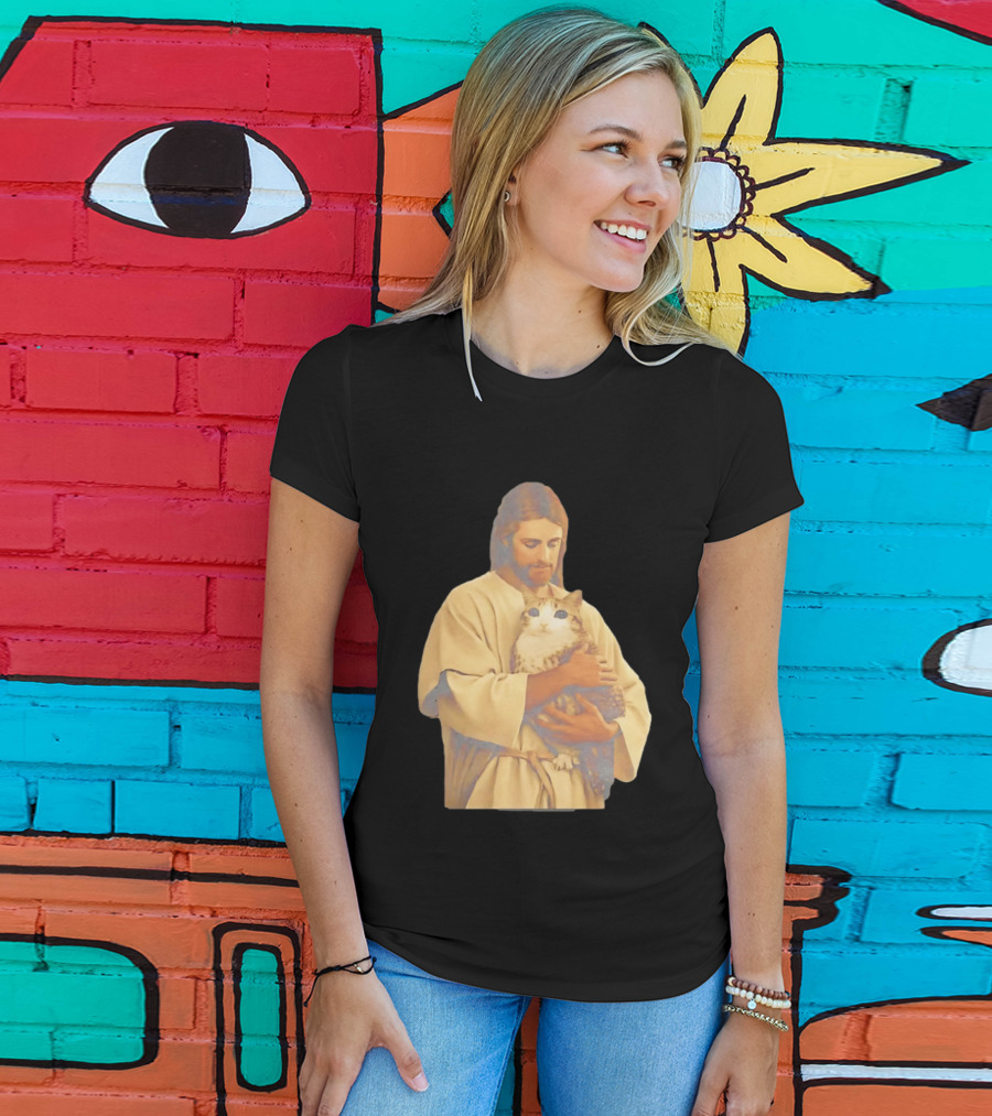 Jesus Embracing Chubby Cat T-Shirt