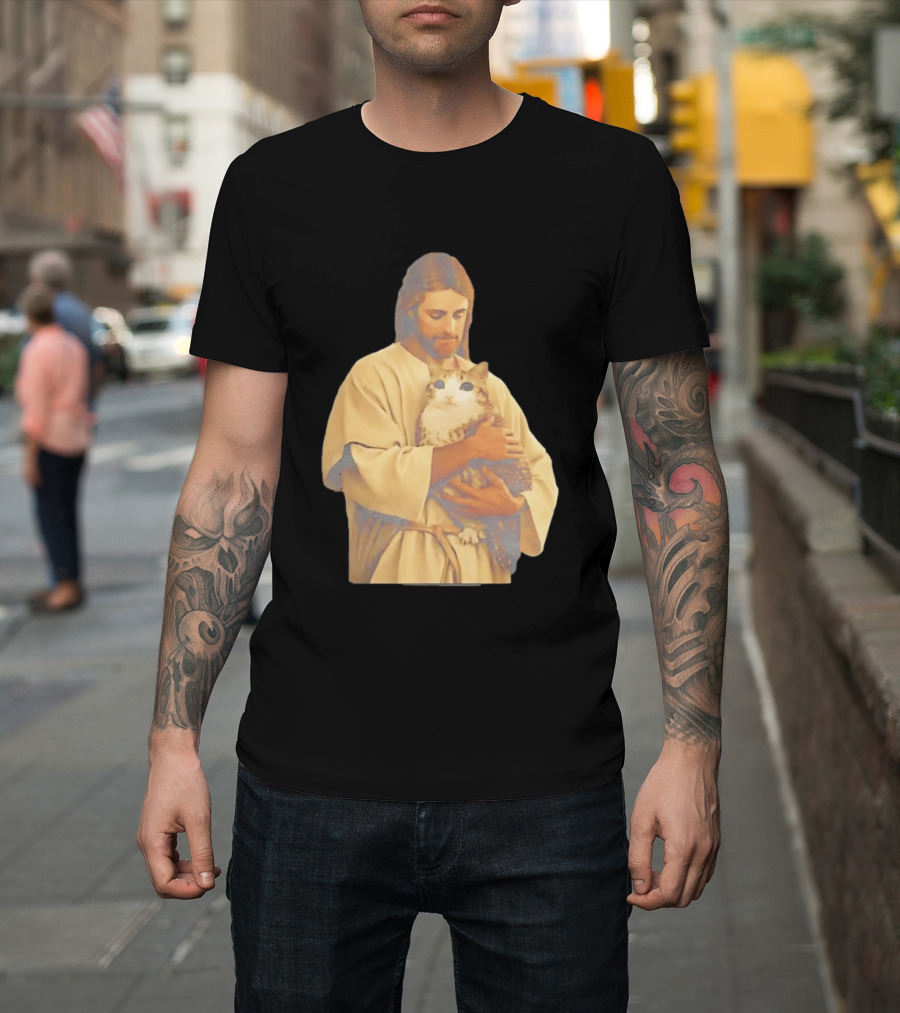 Jesus Embracing Chubby Cat T-Shirt