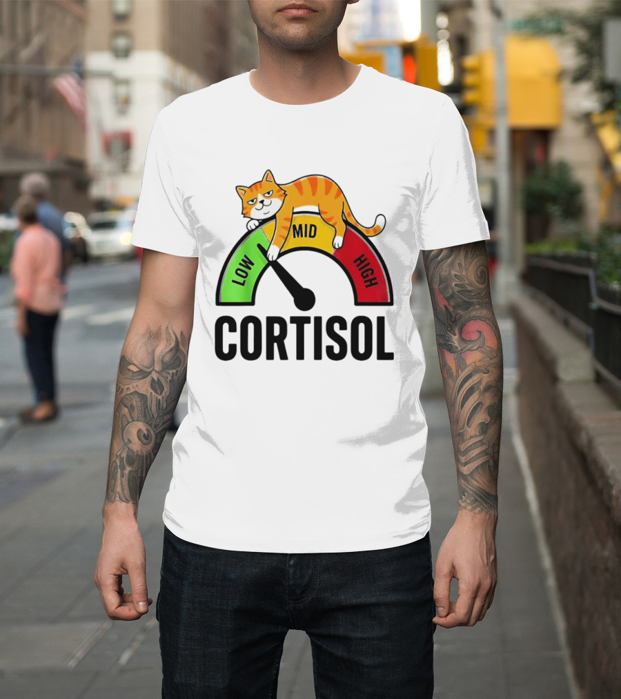 Cat Low Mid High Cortisol Level Meter With Relaxed Orange Cat T-Shirt