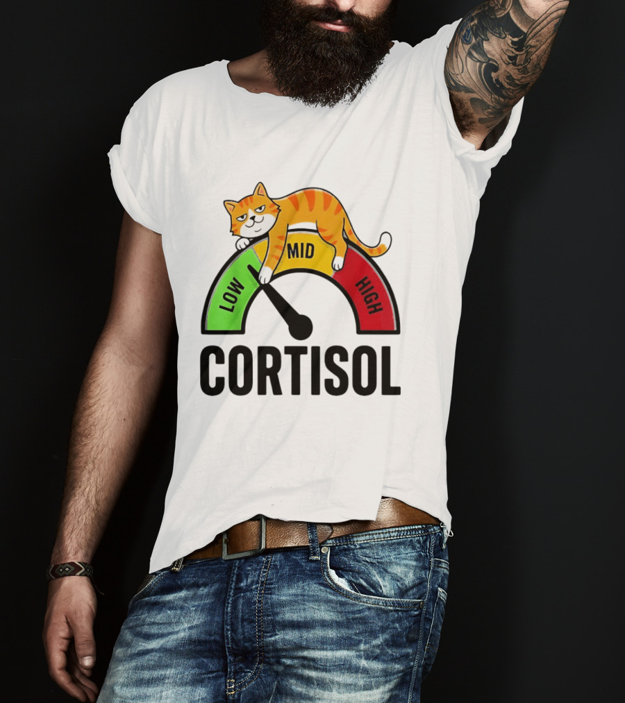 Cat Low Mid High Cortisol Level Meter With Relaxed Orange Cat T-Shirt