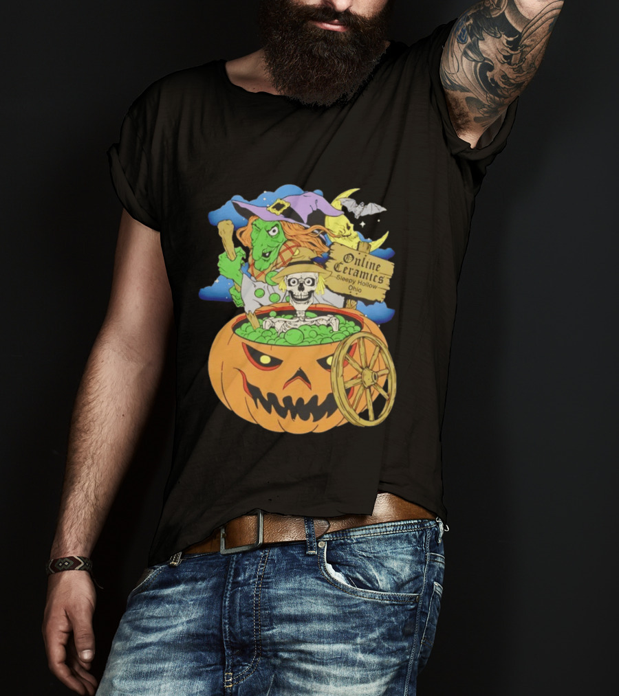 Online Ceramics Sleepy Hollow Ohio Witch Skeleton Pumpkin Cauldron Scene T-Shirt