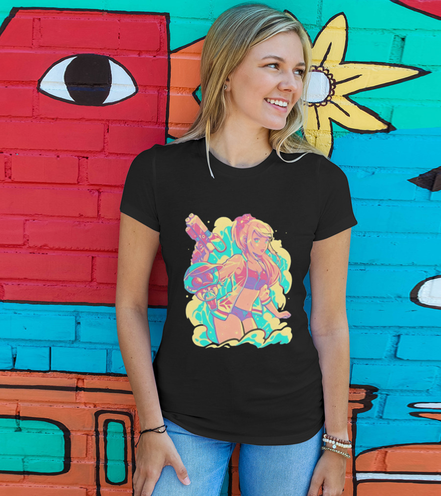 Metroid Water Games Neon Anime Girl With Water Gun And Floating Creature T-Shirt