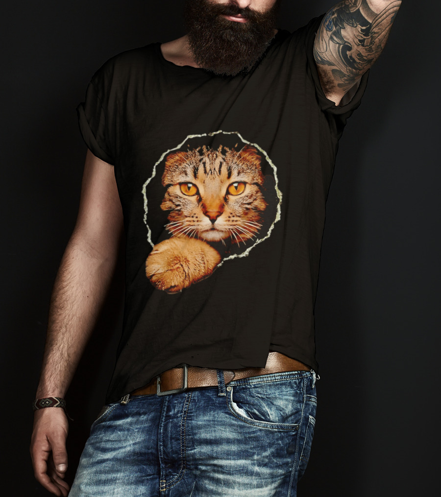 Tabby Cat Golden Eyes Peeking Through Handsome Brown T-Shirt
