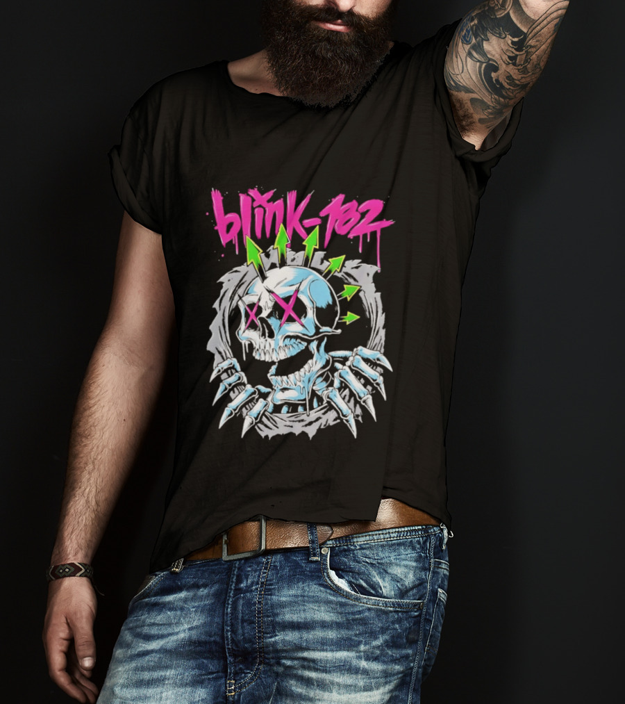 Blink 182 Pink Script With Neon Green Arrows And Punk Skull T-Shirt