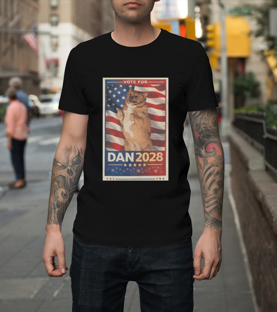 Vote For Dan 2028 American Flag Dog Stars Stripes T-Shirt