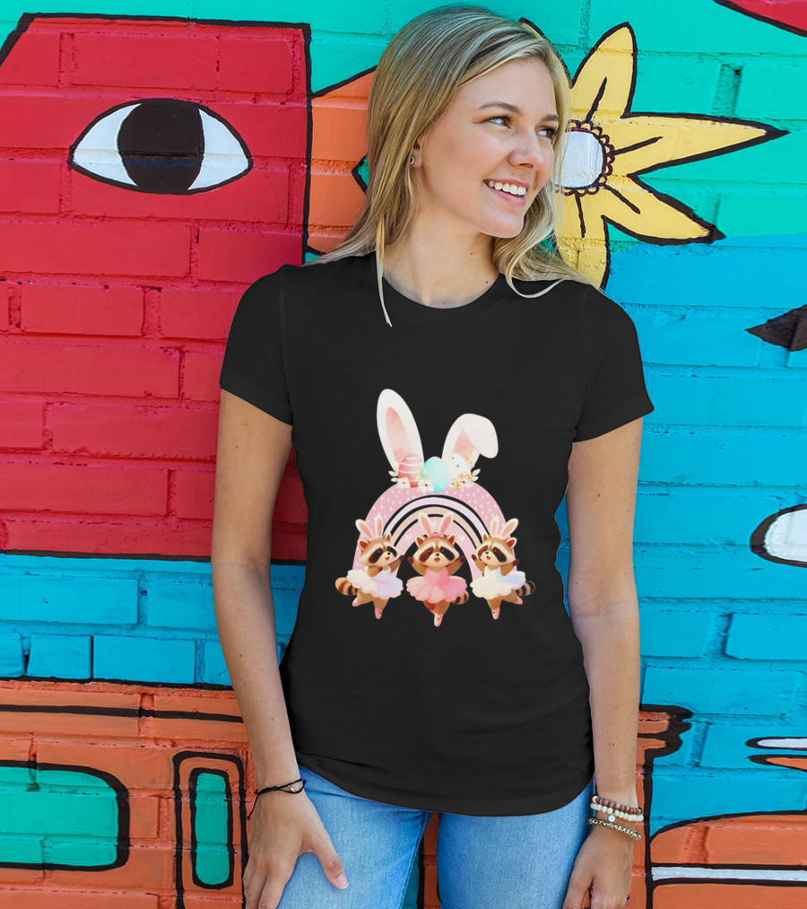 Ballet Dancer Ballerina Raccoons With Easter Bunny Ears And Eggs T-Shirt
