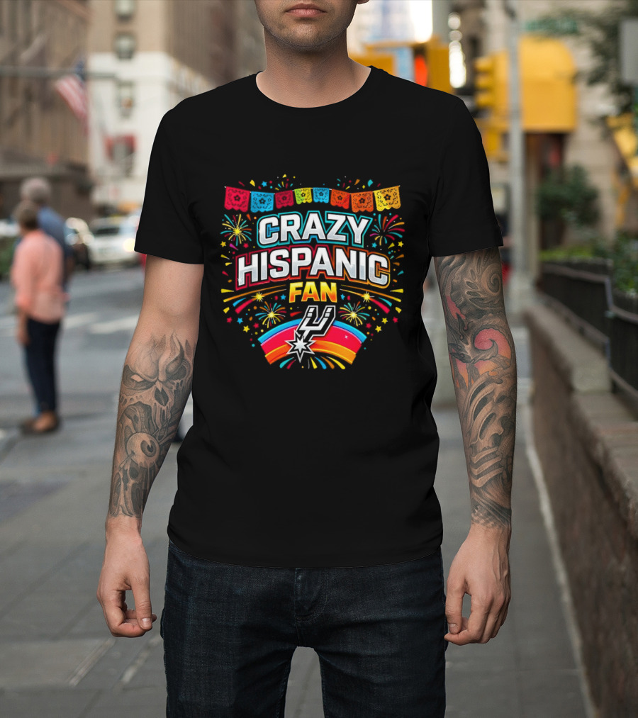 Crazy Hispanic Fan Spurs Colorful Festive Banner with Fireworks T-Shirt