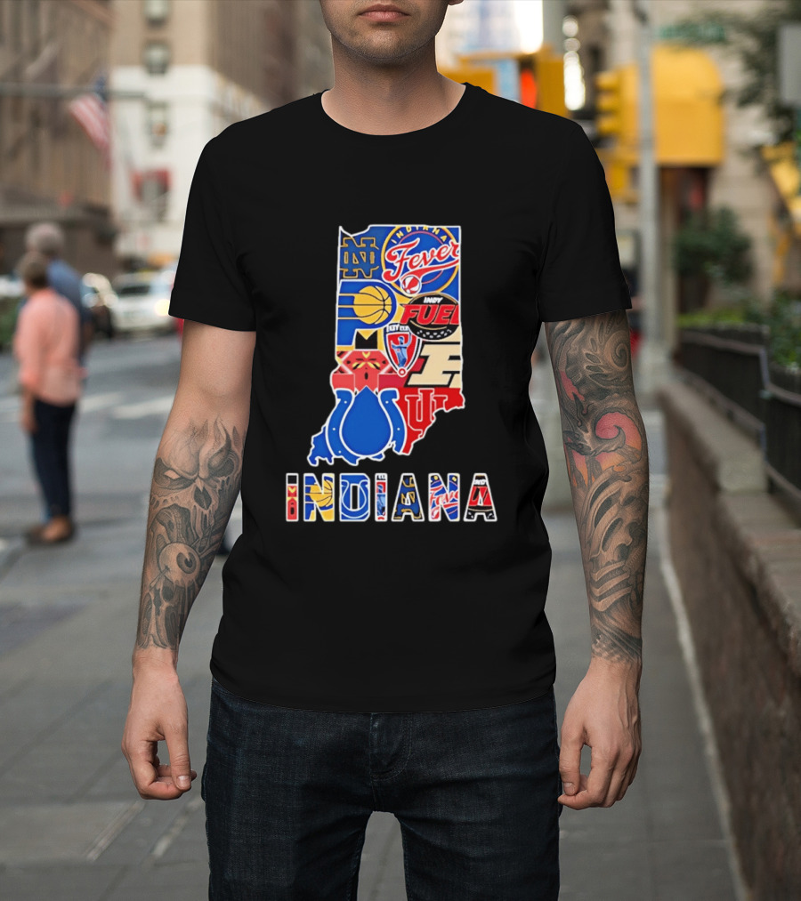 Indiana Sports Team Logos Map Featuring Colts Pacers Fever Hoosiers Fighting Irish Fuel T-Shirt