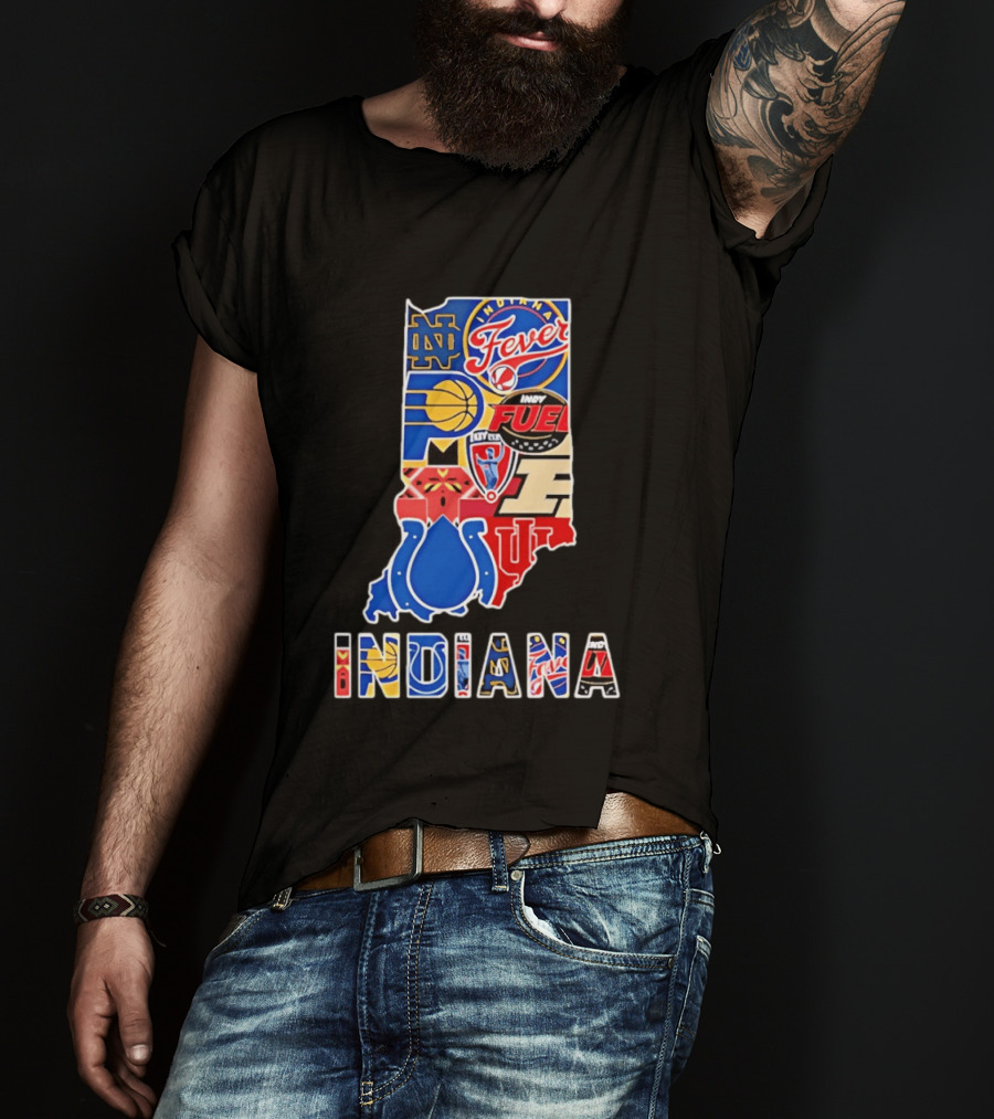 Indiana Sports Team Logos Map Featuring Colts Pacers Fever Hoosiers Fighting Irish Fuel T-Shirt