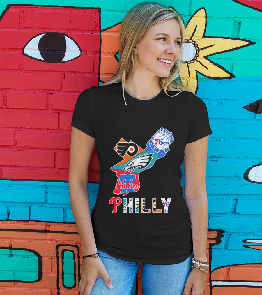Philadelphia Flyers 76ers Eagles Phillies PHILLY Sports Logos State Map T-Shirt