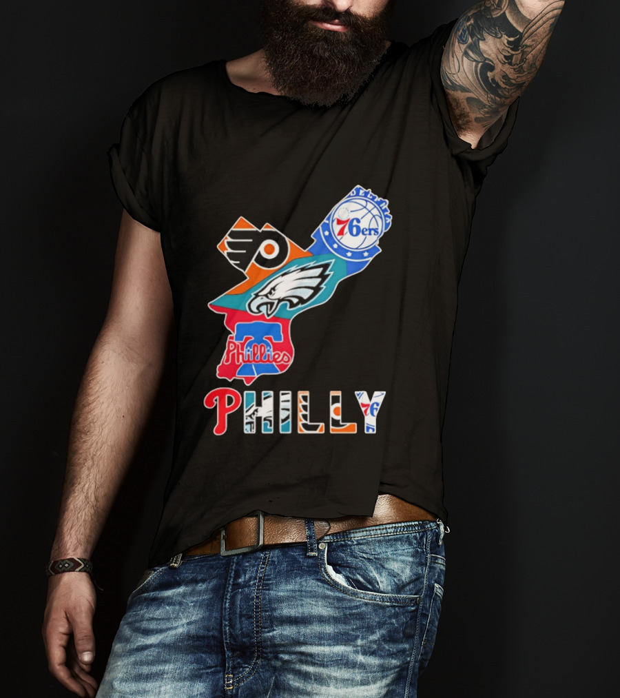 Philadelphia Flyers 76ers Eagles Phillies PHILLY Sports Logos State Map T-Shirt