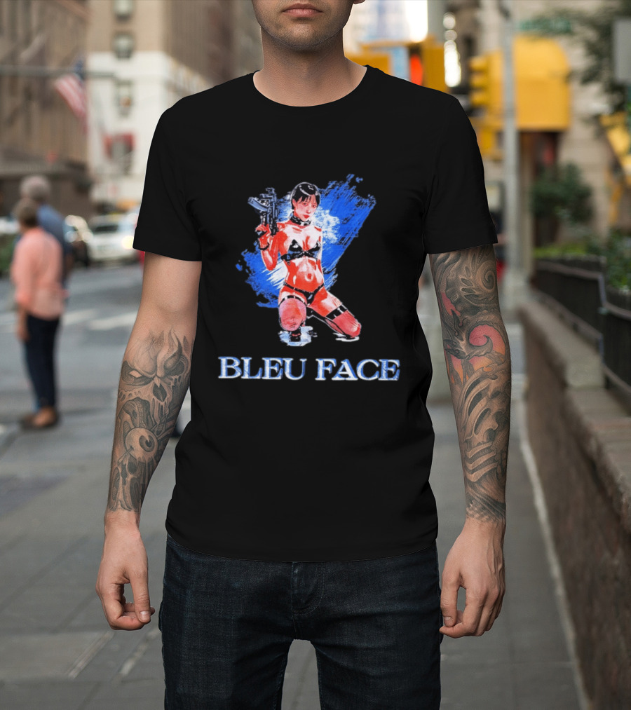 Bleu Face Anime Girl With Gun And Blue Brushstroke T-Shirt